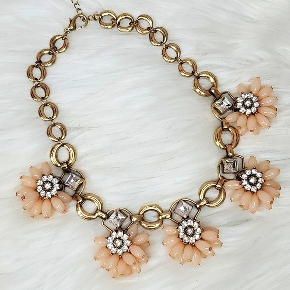 Vintage Inspired Rhinestone Peach Beaded Floral Chunky Chain Necklace Adjustable - Picture 6 of 8